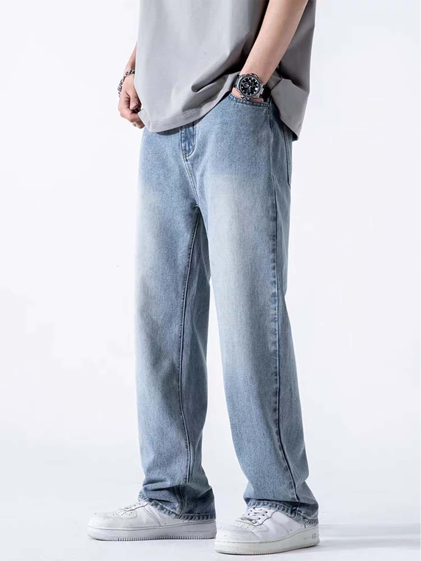 Quần jean denim màu xanh nhạt dễ phối đồ cho bé trai, quần ống đứng bạc màu, kiểu dáng thường ngày dành cho thanh thiếu niên, đa năng. - Rửa nhẹ - Xem 1