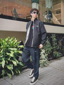 Nike Dri-Fit Logo 印花休闲宽松速干针织运动裤，男款，黑色 - 黑色 - 查看 8