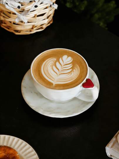 1 Set Pink Floral Print Coffee Cup + Saucer, Suitable For Home, Office, Restaurant, Outdoor Use, For Coffee, Milk, Hot Chocolate, Cappuccino, Latte Etc. Elegant Pattern And Comfortable Cup Body, Best Choice As Gift For Ramadan, Valentine's Day, Easter For Family And Friends