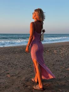 女士度假沙滩吊带针织连衣裙，春夏款 - 粉色 - 查看 6