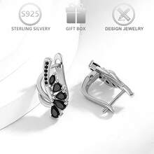 1 Pair 925 Sterling Silver Black Cubic Zirconia Unique Leaf Design Personalized Fashion Dangle Earrings, Suitable For Daily Casual, Vacation, Holiday, Birthday Gift - Silver - View 6