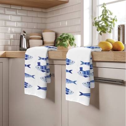 2pcs Kitchen Towels With Blue & White Sardine Pattern, Super Soft Microfiber Kitchen Towels, Dish Cloths, Perfect Gifts For New Homeowners And Family Gatherings, Kitchen Dish Cloths And Towels, Holiday Home Decor