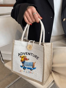 1pc Puppy Decor Dachshund Cartoon Tote Bag, Women's Handbag, Foldable Lightweight Portable Square Bag With Button Closure, Cute Animal Pattern Gift Bag, Multipurpose Storage Pouch, Suitable For Various Occasions - Multicolor - View 4