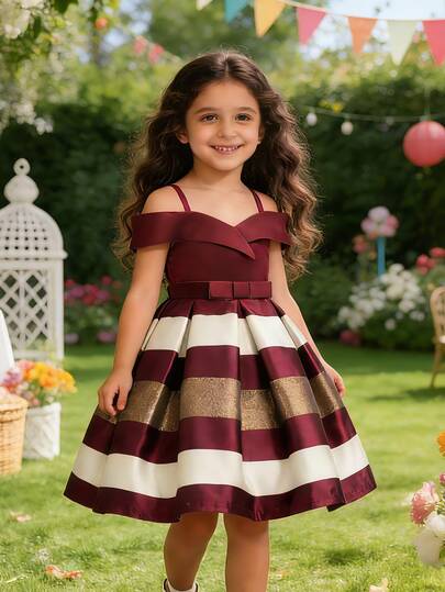 EHOMKIDS Vestido de fiesta para niñas, vestido de fiesta con hombros descubiertos y rayas para niños, vestido de princesa hasta la rodilla, vestido de Navidad para niñas