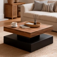 FKWin Mesa de centro LED para sala de estar con espacio de almacenamiento: mesa central blanca moderna de alto brillo con 2 cajones, mesa central de madera cuadrada con luces de 16 colores - Marrón y negro - Cajón individual - Ver 2