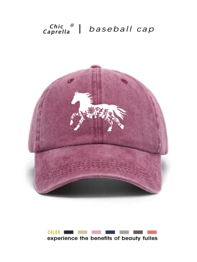 1 pieza Gorra de béisbol vintage negra lavada con ajuste y estampado floral y de caballo, sombrero de protección solar para mujer para exteriores