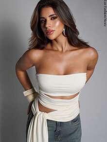 Elegant Strapless Tie-Front Blouse In Double-Layered Fabric. - 白色 - 查看 2