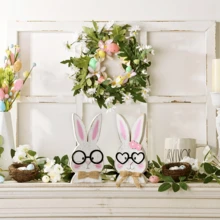 2pcs/Set Fashionable Easter Bunny Figurines, Male Bunny With Round Black Glasses And Linen Bow Tie, Female Bunny With Heart-Shaped Glasses, Pink Polka Dot Hair Clip And Soft Linen Bow Tie - Bow Bunny - View 6