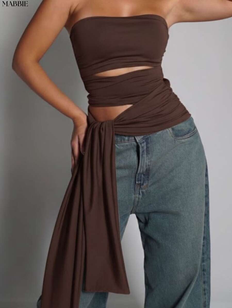 Strapless Blouse With Tie Detail, Double Fabric, Elegant Fashion. - 鏽棕色 - 查看 1