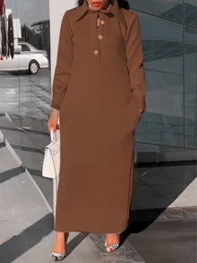 MOOD WOOD Women's Fall/Winter New Arrival Collared Loose-Fit Long-Sleeve Dress | Solid Color Half-Button Down Side-Slit Ankle-Length Maxi Dress | Commuter & Casual Flattering Silhouette - 棕色 - 查看 1