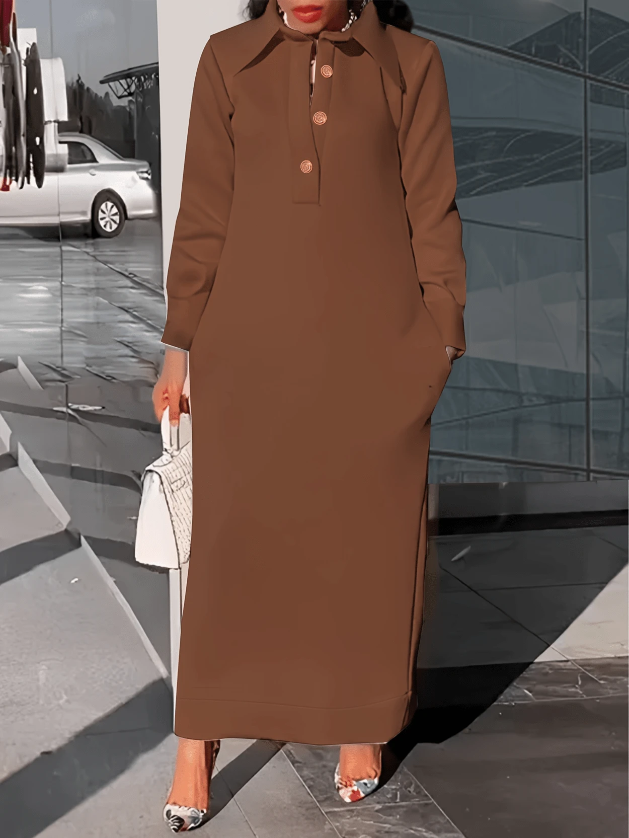 MOOD WOOD Women's Fall/Winter New Arrival Collared Loose-Fit Long-Sleeve Dress | Solid Color Half-Button Down Side-Slit Ankle-Length Maxi Dress | Commuter & Casual Flattering Silhouette - 棕色 - 查看 1