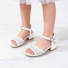 女童时尚露趾高跟凉鞋，白色，金属搭扣设计，蝴蝶结蕾丝公主风，适合日常、派对、演出、宴会、婚礼等场合。 - 白色 - 查看 3