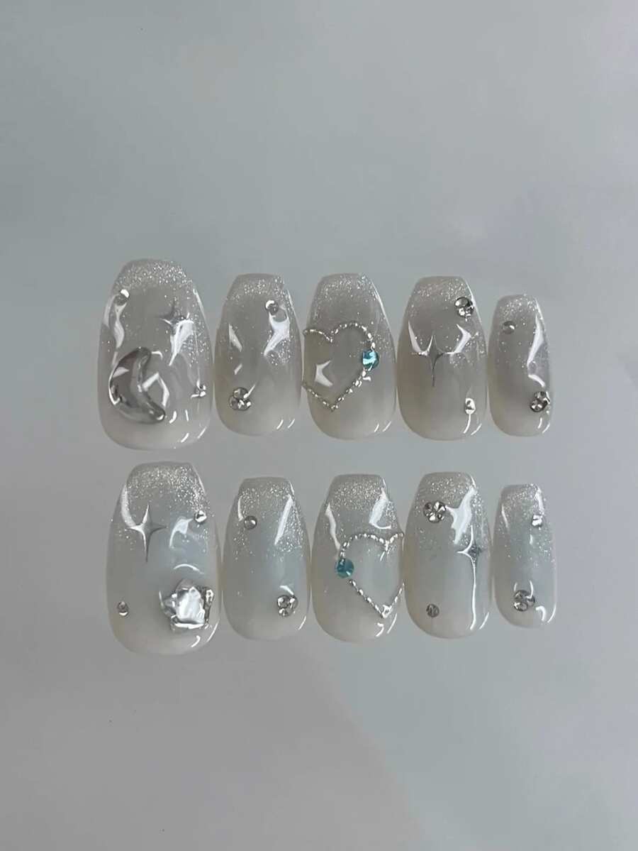 10片手工制作中长棺材形美甲贴纸,白色和银色猫眼图案,可爱时尚的Y2K风格,适合春、夏、秋、冬、节日和日常使用。 - 彩色 - 查看 1
