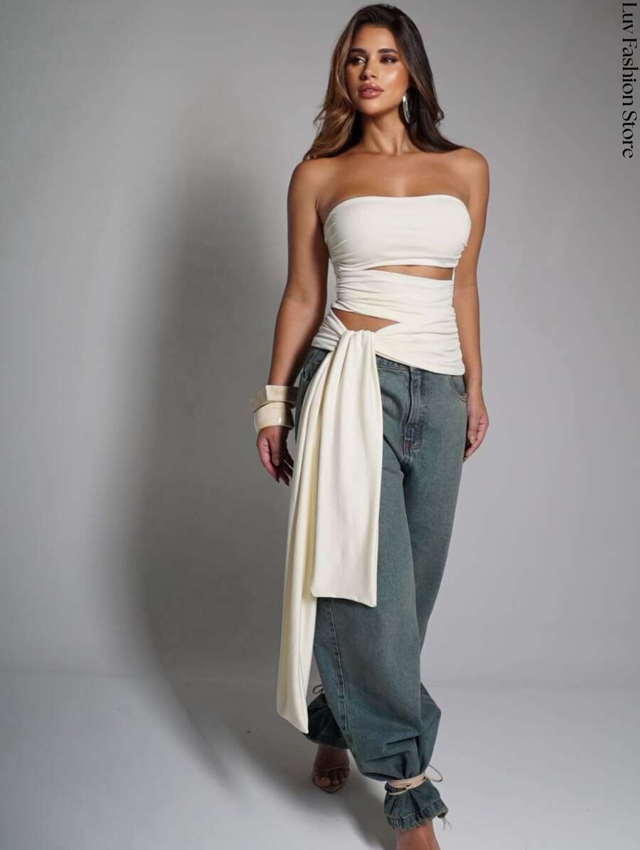 Elegant Strapless Tie-Front Blouse In Double-Layered Fabric. - 白色 - 查看 1