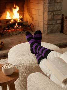 1/2/3/4/5/6 pares de calcetines de estilo retro a rayas para mujer, calcetines de media caña de punto acanalado de estilo grunge Y2K de algodón para uso diario y cosplay - Morado - Ver 3