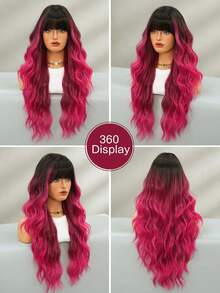 Tóc giả dài 28 inch màu hồng ombre gợn sóng cho nữ, có mái, kiểu tóc gợn sóng tự nhiên, chịu nhiệt, làm từ tóc tổng hợp, thích hợp sử dụng hàng ngày, cosplay và dự tiệc. - Màu Hồng Tươi - Xem 3