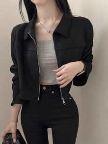 Áo khoác nữ dài tay cổ bẻ màu trơn, có khóa kéo, phù hợp cho trang phục hàng ngày, đi học và đi sân bay, màu đen mùa xuân/thu. - màu đen - Xem 4