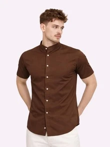 Men's Short-Sleeve Mandarin Collar Shirt, Slim Fit, Casual With Elastane - Màu nâu Sô-cô-la - Xem 1