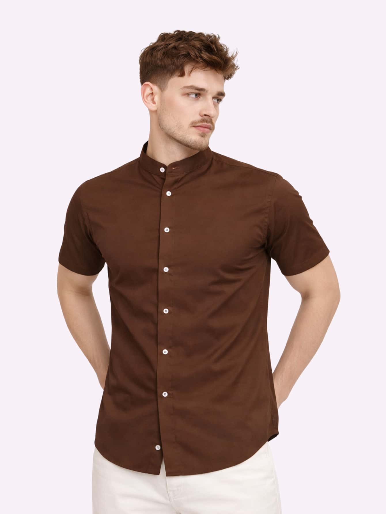 Men's Short-Sleeve Mandarin Collar Shirt, Slim Fit, Casual With Elastane - Màu nâu Sô-cô-la - Xem 1