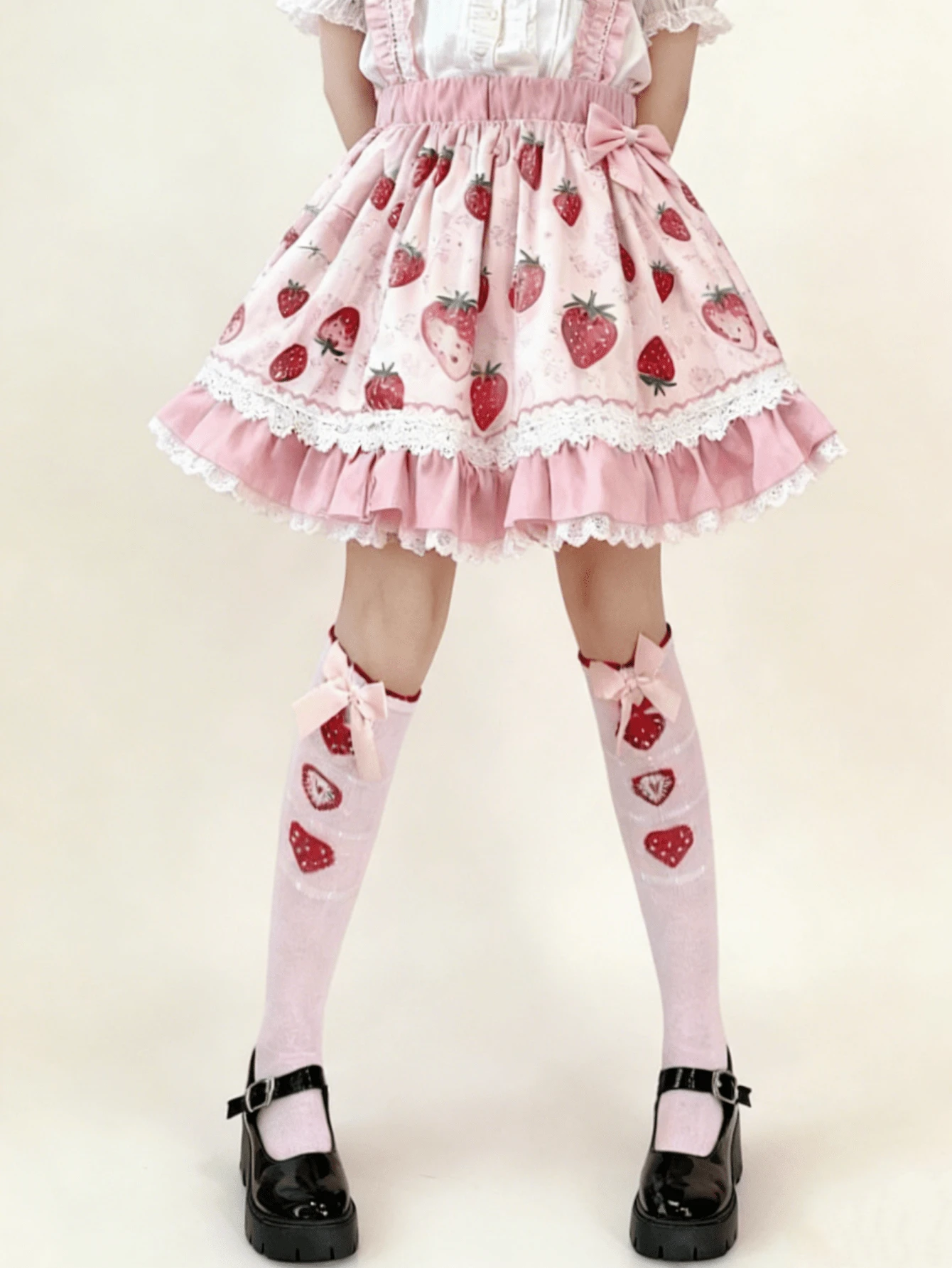 1 par de calcetines con estampado de lazo rosa y fresa, estilo Lolita dulce y adorable - Multicolor - Ver 1