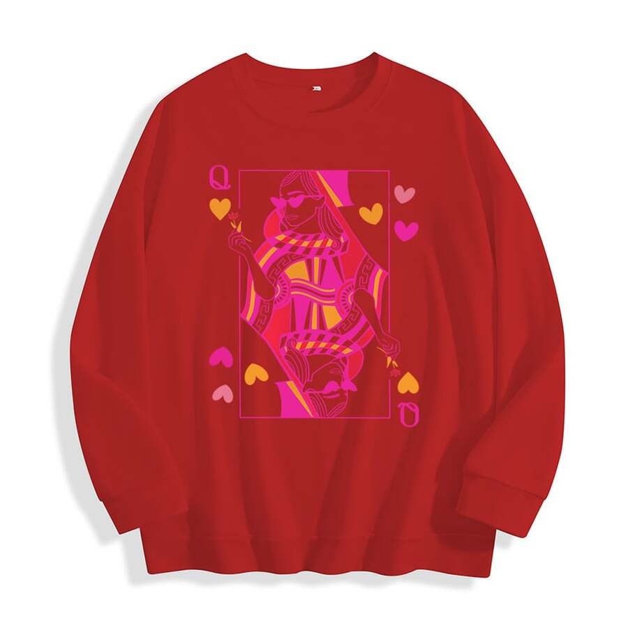 Women's Queen Of Hearts Playing Card Print Lightweight Crewneck Sweatshirt, Casual Thin Pullover Top, Valentines Day, Sweatshirts, Cute Valentine - 紅色 - 查看 1