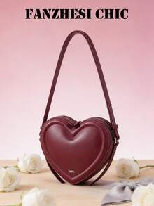 High-Quality Heart-Shaped Shoulder Bag Design, 3D Heart-Shaped Bag Body, Women's Shoulder & Crossbody 2-In-1, Multi-Functional Handbag, Decorated With Letter Logo, Solid Color PU Material, Top Handle, Adjustable Shoulder Strap, Metal Zipper Closure, Can Be Worn As Shoulder Bag, Handbag Or Crossbody. - Burgundy - View 1