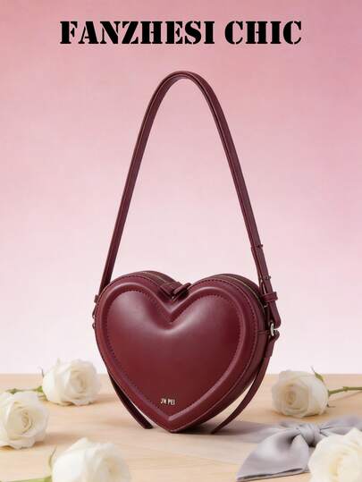 High-Quality Heart-Shaped Shoulder Bag Design, 3D Heart-Shaped Bag Body, Women's Shoulder & Crossbody 2-In-1, Multi-Functional Handbag, Decorated With Letter Logo, Solid Color PU Material, Top Handle, Adjustable Shoulder Strap, Metal Zipper Closure, Can Be Worn As Shoulder Bag, Handbag Or Crossbody.