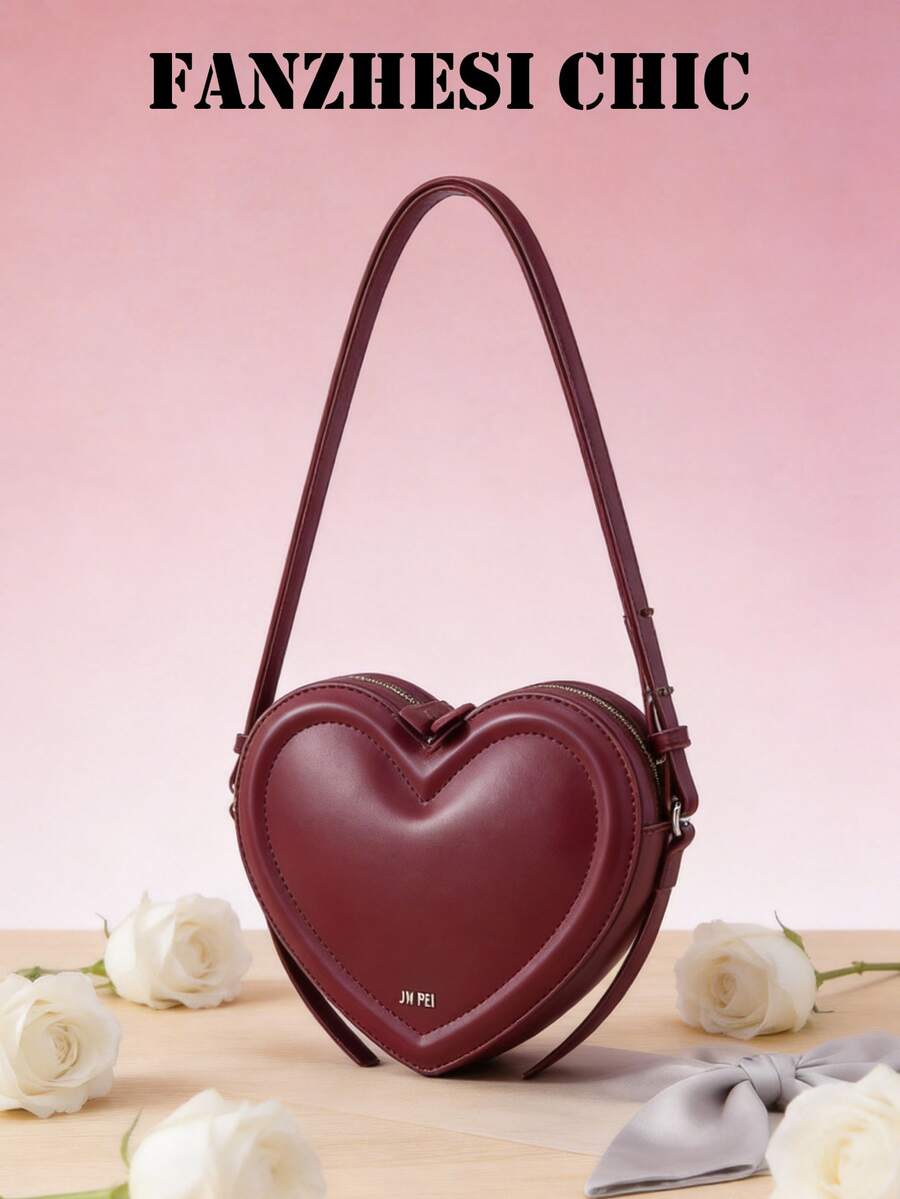 High-Quality Heart-Shaped Shoulder Bag Design, 3D Heart-Shaped Bag Body, Women's Shoulder & Crossbody 2-In-1, Multi-Functional Handbag, Decorated With Letter Logo, Solid Color PU Material, Top Handle, Adjustable Shoulder Strap, Metal Zipper Closure, Can Be Worn As Shoulder Bag, Handbag Or Crossbody. - Burgundy - View 1