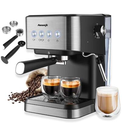  Aeomjk 20巴高压意式咖啡机，不锈钢家用咖啡机，带奶泡器和50盎司可拆卸水箱，黑色，适用于拿铁/卡布奇诺，适用于厨房、办公室，母亲节礼物