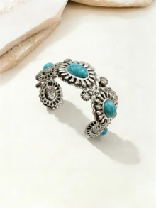 1pc Metal Vintage Silver Turquoise Decor Bohemian Style Women's Open Cuff Bracelet Suitable For Daily Wear, Vacation And Multiple Occasions - Multicolor - View 4