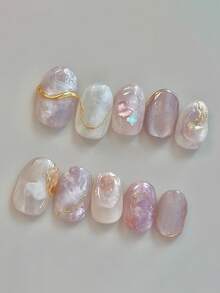 10片纯手工制作的短椭圆形美甲贴片，紫白激光美甲，金色线条，时尚可爱，Y2K风格，温和亲肤，适合女性和女孩，春夏秋冬皆宜，节日及日常佩戴。 - 淡紫色 - 查看 2