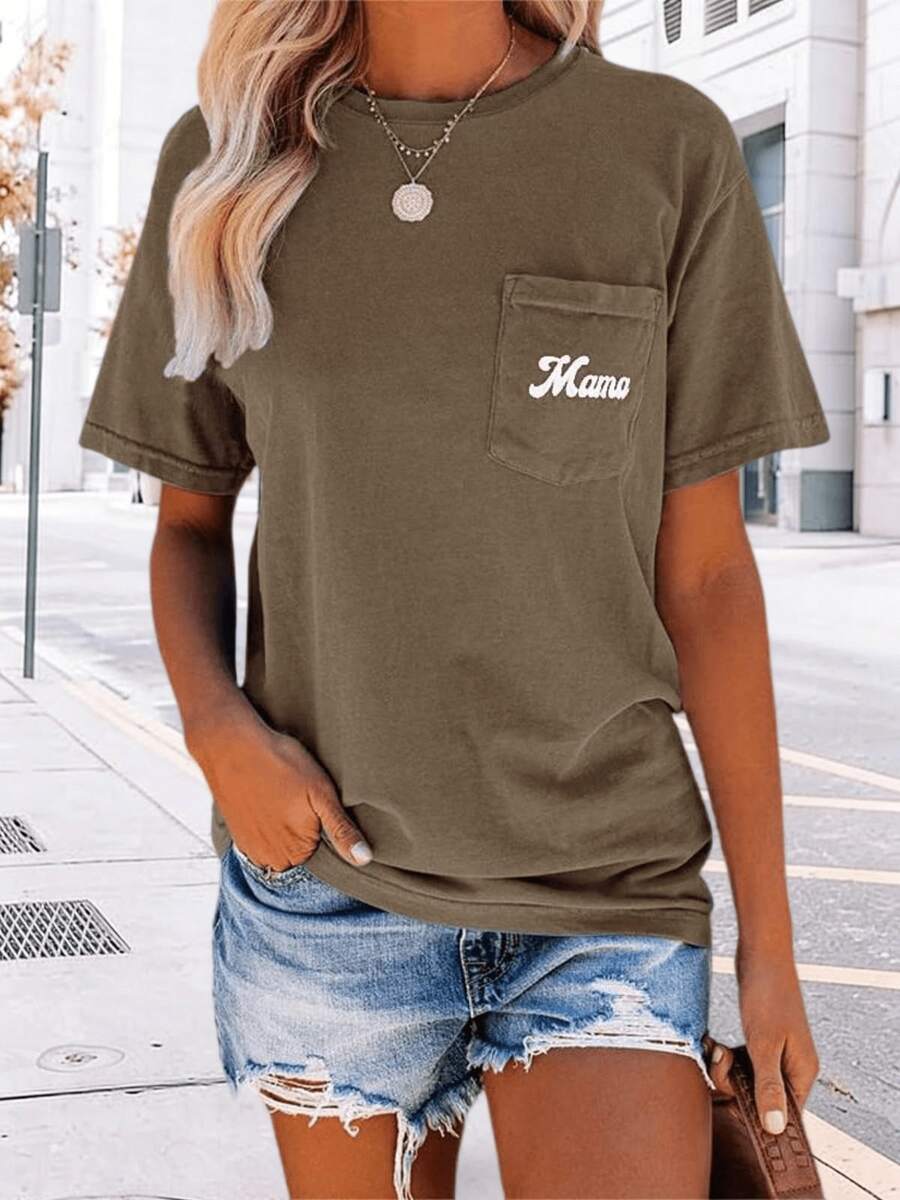 Women's Summer Letter Print Crew Neck Tee Short Sleeve Loose Fitting Basic T Shirt With Pockets - màu nâu - Xem 1