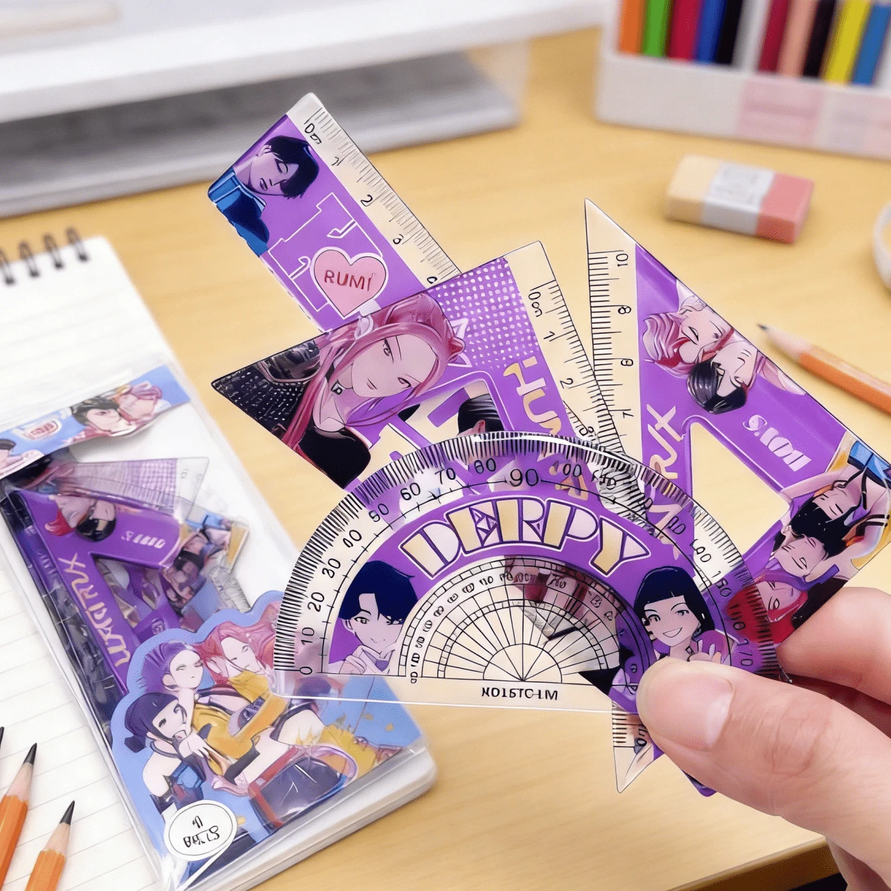 恶魔主题几何尺套装，可爱文具套装，适合K-Pop粉丝和中小学生作为课堂必备用品或生日礼物 - 彩色 - 查看 1