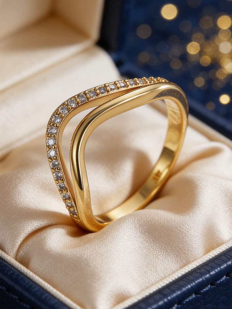 Women's Gold-Plated Zirconia Ring, Double-Layer Wavy Ring Band + Micro-Inlaid Zirconia Accents, Minimalist Elegant Style, Suitable For Daily Commute/Versatile, Great Birthday Gift For Fashion Enthusiasts - Gold - View 1