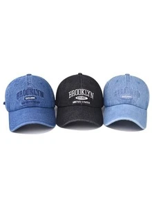 1pc BROOKLYN EST.1902 UNITED STATES Embroidered Unisex Baseball Cap, Fashionable Casual Washed Denim Soft Crown Curved Brim Hat - Multicolor - View 11