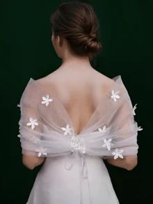 1pc Bride Shawl Short Style, 3D Floral Decor Fashion Women Shawl, Suitable For Party, Wedding, Loose & Comfortable (Shoulder Width Size Details In Image) - Multicolor - View 4