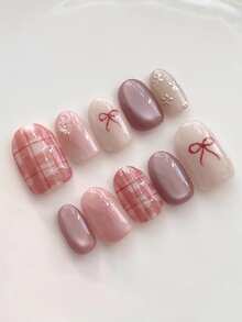 10 móng tay giả thủ công nguyên chất, móng ngắn hình oval, màu hồng, be và vàng, kiểu mắt mèo với họa tiết caro và nơ hoa, móng giả dễ thương phong cách Y2K, thích hợp cho phụ nữ và bé gái, dùng cho mùa xuân, hè, thu, đông, ngày lễ và sinh hoạt hàng ngày. - Hồng - Xem 2