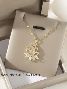 1 件优雅莲花锆石吊坠项链，适合送给朋友、姐妹、女士、母亲节礼物，最适合日常佩戴 - 字母蓮花 - 查看 4