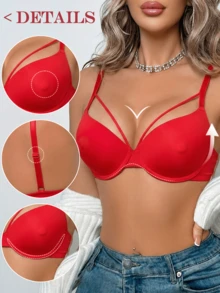 女士红色交叉带钢圈文胸 - 聚拢上托，全天舒适 - 紅色 - 查看 4