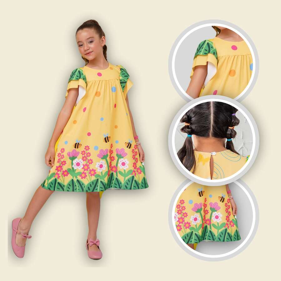 Girls' Themed Dress - , Enchanted Garden, Bees, Butterflies - Graduation, Fashionable, Blogger Style, Cool, For Parties, Birthdays, Everyday Wear, Casual, Girl's Clothing, Teen, Wedding, Printed, Loose-Fitting, Summer, Floral - 金色 - 查看 1