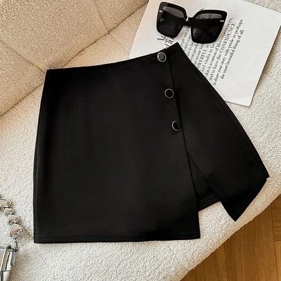女士纯色百搭短裙，外层开衩设计，纯色纽扣，适合度假、日常穿着、办公、约会、旅行，春夏秋季皆宜。