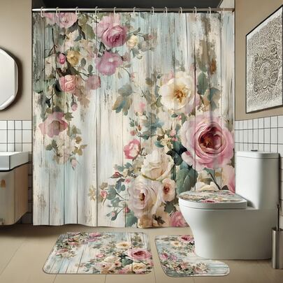 1件或4件套花卉叶子图案农舍风格浴帘套装，有复古粉、绿色和米色可选，可机洗，配有12个挂钩，防滑浴垫和U型马桶盖套