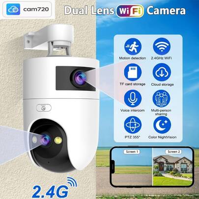 Câmera de Segurança Inteligente com Lente Dupla de 5MP, Zoom 5X e Rastreamento por IA, Conectividade 5G com Design à Prova d'Água, Detecção de Movimento com Alertas de Som, Visão Noturna Colorida com Alarmes Personalizados, Suporte para Monitoramento 24/7