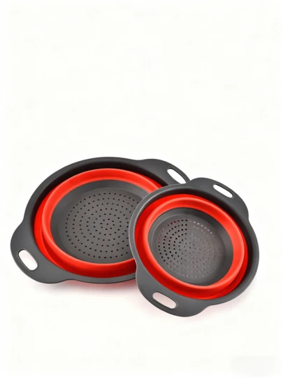 2-Pc Set,Silicone Foldable Strainer, Fruit And Vegetable Cleaning Filter, Drainage Basket, Round Filter Bowl, Foldable Food Strainer With Handle, Kitchen Gadget (Red Round)