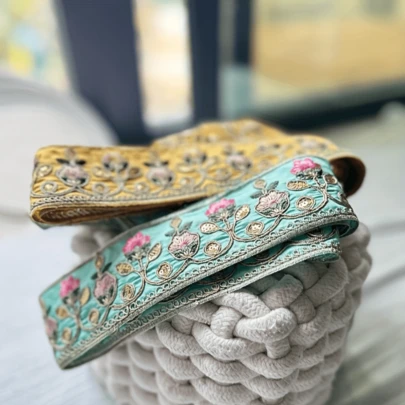 6ft Extra Long Hand-Embroidered Chinese Lotus Flower Trim Ribbon - Turquoise & Gold Threads, Detailed Tassel Decor, Traditional Chinese Wedding Dress Accessory, DIY Fabric Embellishment For Clothing, Jackets, Dresses