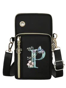 Bolso bandolera mini de moda minimalista con estampado floral degradado verde y letras A-Z, accesorio de moda y práctico para actividades al aire libre, bolso mini para teléfono, bolso de muñeca, bolso multicapa, monedero para mujer, útiles escolares, bolso minimalista, bolso bandolera multifuncional, adecuado para exteriores y oficina - Multicolor - Ver 22
