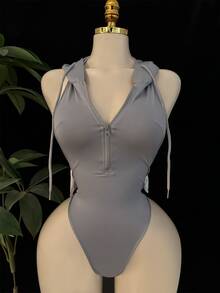 1件性感女士深V露背兔女郎睡衣，可爱兔子设计隐藏纽扣内衣套装，性感睡衣 - 灰色 - 查看 4