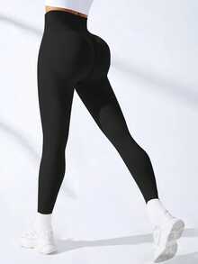 Women's High Waist Elastic Fitted Yoga Pants, Casual Leggings For Fitness & Daily Wear - Black - View 2