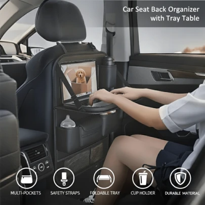 Foldable Backseat Organizer Tray With Multiple Pockets, Tablet/Laptop Holder And Cup Holders, Universal Seat Back Protector For SUV And Sedan, Black Car Travel Accessory And Gift