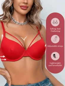 女士红色交叉带钢圈文胸 - 聚拢上托，全天舒适 - 紅色 - 查看 6